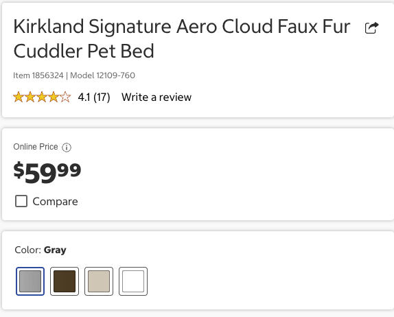 Kirkland Signature Aero Cloud Faux Fur Cuddler Pet Bed 40" x 32" — Gray (7)