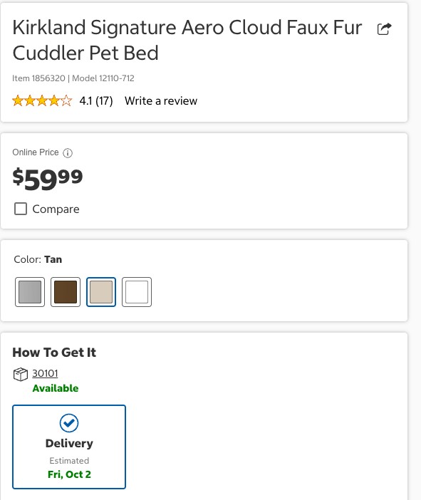Kirkland Signature Aero Cloud Faux Fur Cuddler Pet Bed 40" x 32" — Tan (8)