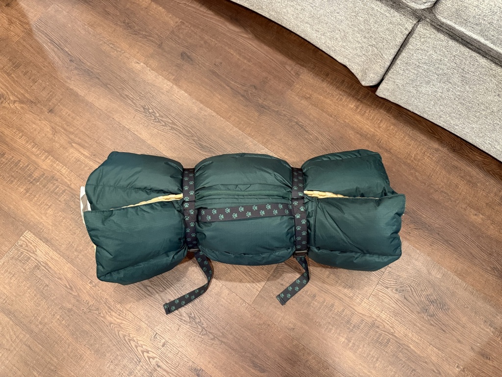 Rolled and strapped for travel